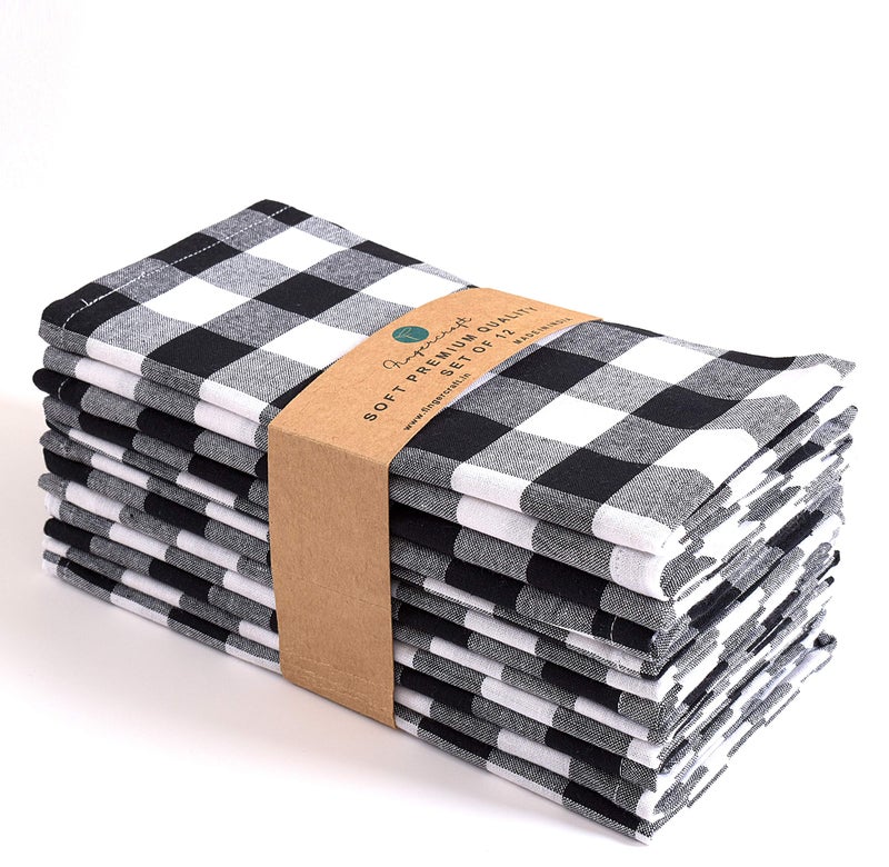 FINGERCRAFT Cloth Napkins, Everyday Use, Premium Quality, Cotton Buffalo Plaid, Set of 12, 20X20 Inch Oversized Napkins Cloth Mitered Corners, Soft, Durable Hotel Quality Black White Checkered - Image 1